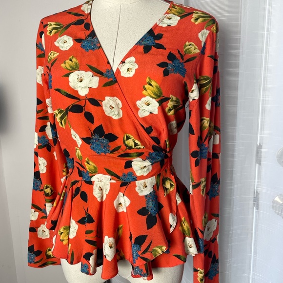 ASOS Red Floral Wrap Long Sleeve V-neck Viscose Blouse Top Size 4 - Picture 4 of 11